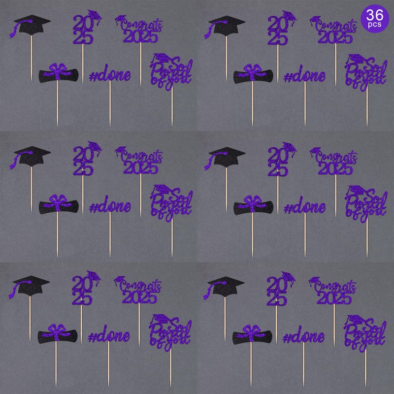 Gexolenu 36pc Purple Graduation Cake Toppers, Class of 2025, Double-Sided Glitter, 36 Pieces - Image 3